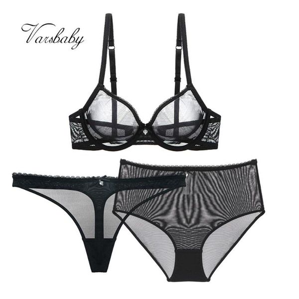 

varsbaby see-through bra+thong+high-waist briefs yarn lingerie set, Red;black