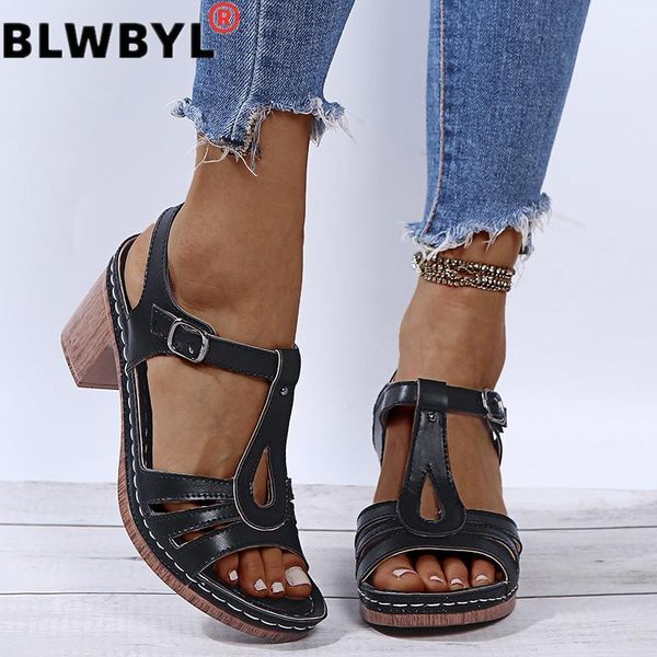 

2021 summer ladies explosions pu sandals women super high heel thick with large size 43 casual shoes zapatos de mujer sandalias, Black