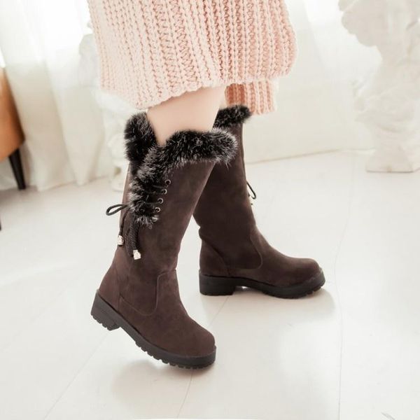 

boots fashion women's rounded toe square heels knee-high snow lace-up suede plush short booties keep warm autumn winter, Black
