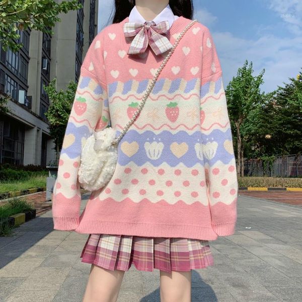 

women's sweaters japanese kawaii ulzzang vintage strawberry lazy ins loose sweater female korean harajuku clothing for women, White;black
