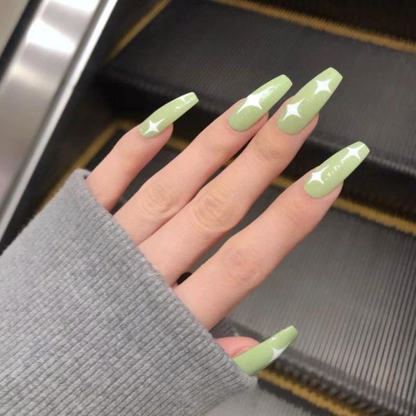 

false nails 24pcs matcha green fake nail patch star print glue type removable long paragraph fashion manicure fa, Red;gold