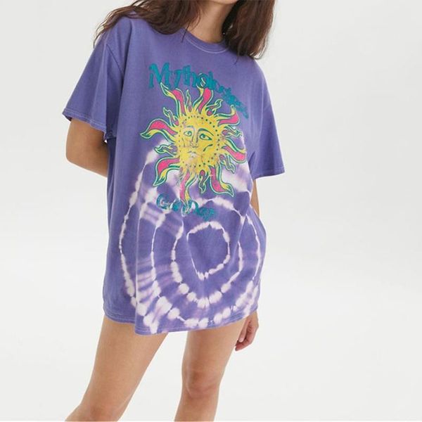 

women's t-shirt purple tie-dye sun face letter print woman tshirts vintage voersized loose casual o neck short sleeve streetwear summer, White