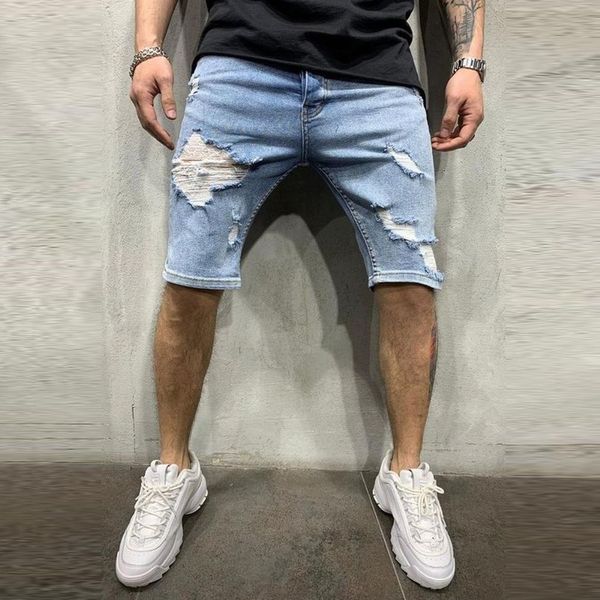 

rits pocket denim straight shorts gates multi-pocket overalls ripped jeans for men casual hombre, Blue