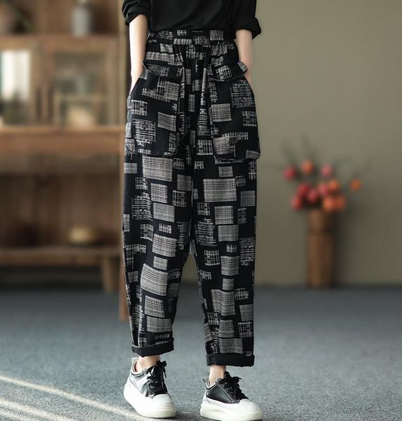 

women's pants & capris 2021 spring women hip hop loose trousers elastic waist pocket plaid vintage, Black;white