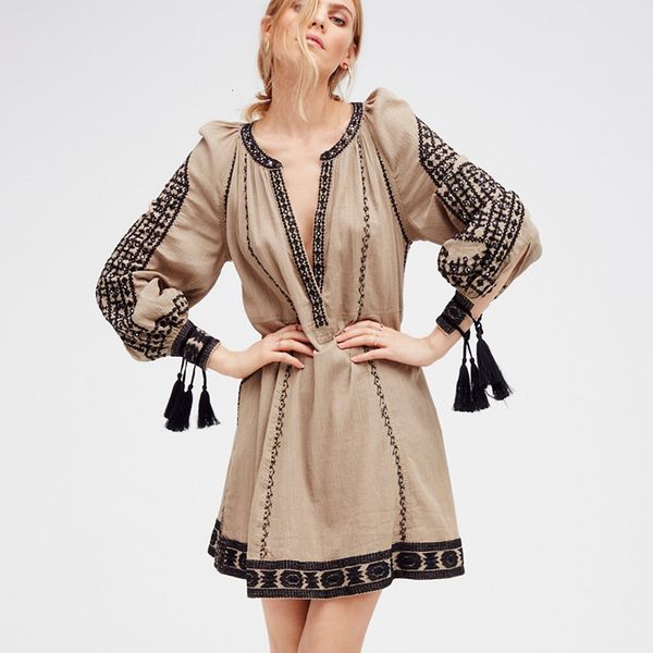 

2021 new long sleeve mini dresses women tunic khaki ethnic floral embroidery vintage dress vestido cover up robe 6snr, White