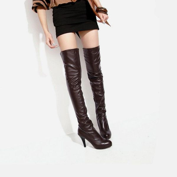 

boots 2021 stretch over the knee soft pu women platform high heel long fashion zipper autumn winter plush shoes, Black