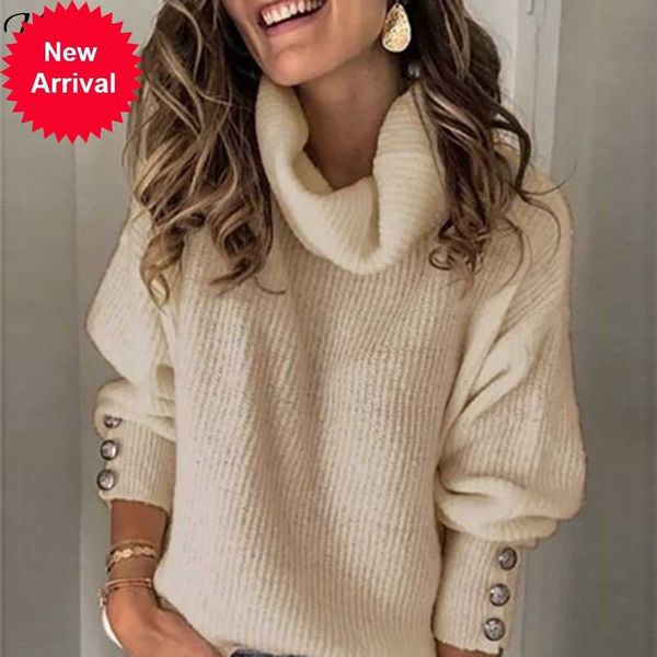 

uefezo women's turtleneck solid color loose women jumper with buttons casual ladies sweater female 2021, White;black