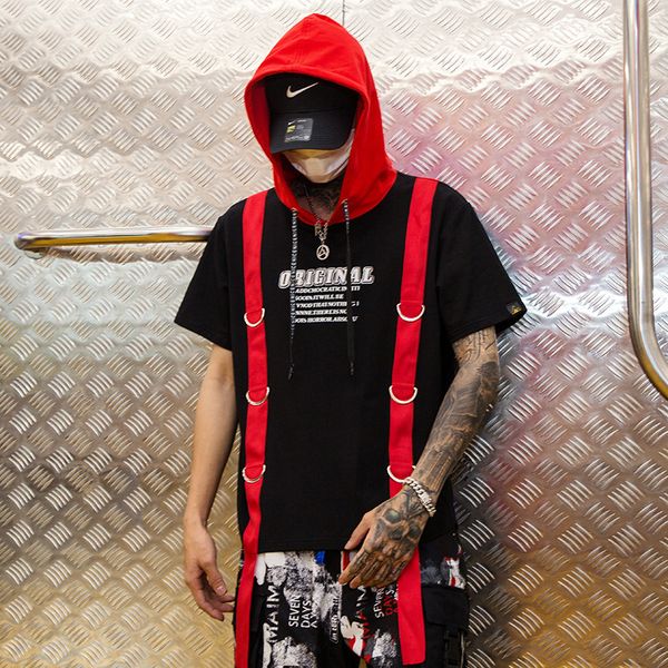 

ribbon hooded hip-hop short-seeved fashion men's trend loose letter five-point sleeve kg-255, White;black