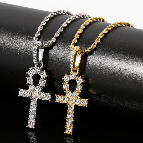 

hip hop ankh symbol cross pendant necklace micro pave cubic zirconia egyptian style chain necklaces gold silver color jewelry