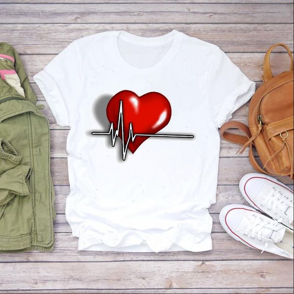 

women 90s cartoon 3d heartbeat valentine short sleeve clothes lady t shirts womens t shirt ladies graphic female tee t shirt, White