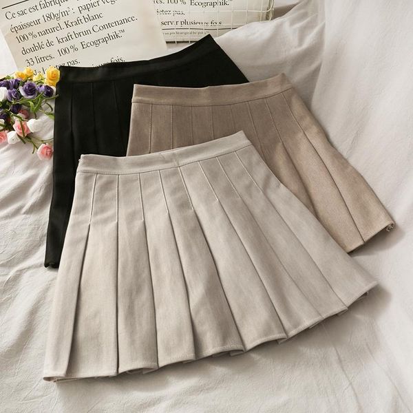 

skirts summer all-match solid color retro high waist casual pleated a-line skirt, Black