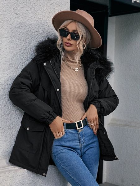 

fuzzy trim hooded flap pocket drawstring waist parka coat o4iz#, Black