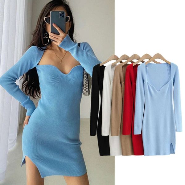 

collar knitted hip wrap skirt style women's spring side split dress, Black;gray