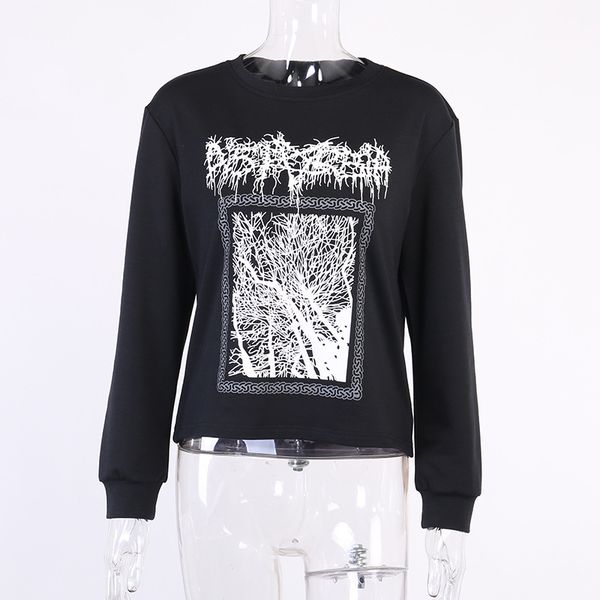 

Harajuku Punk Loose Long Sleeve Print Casual Tshirt Women Gothic Dark O Neck Splice Street Tops Winter Fashion Tops, White
