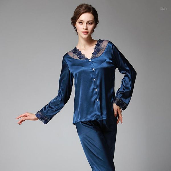 

new simulation silk ladies autumn and winter nine-point sleeve home service lace pajamas set large code1xl-4xl1, Black;red