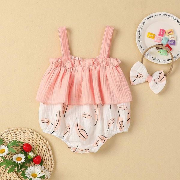 

clothing sets born baby girl suspender cotton linen ruffled floral romper headband outfits kids summer set roupas para menina#35, White