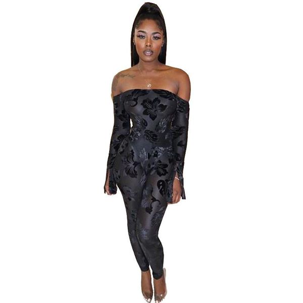 

women's jumpsuits & rompers printing style lady beach slash neck slit sleeve full length skinny sports catsuits, Black;white