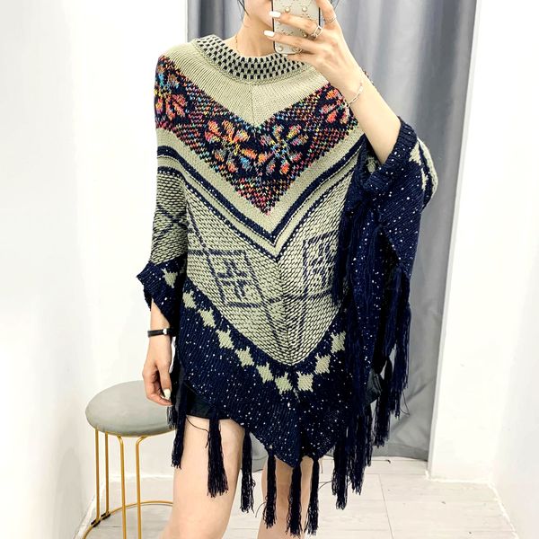 

2021 new irregular tassel ponchos capes autumn women sweater loose crochet knitted cape coat femme v-neck shawl pullover sweaters 6g3d, White;black