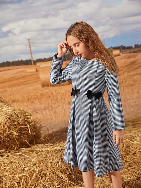 

girls bow detail fold pleated houndstooth dress she, Red;yellow