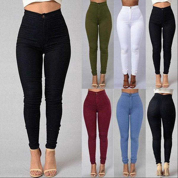 

pencil stretch casual denim skinny womens pants high waist trousers, Black;white