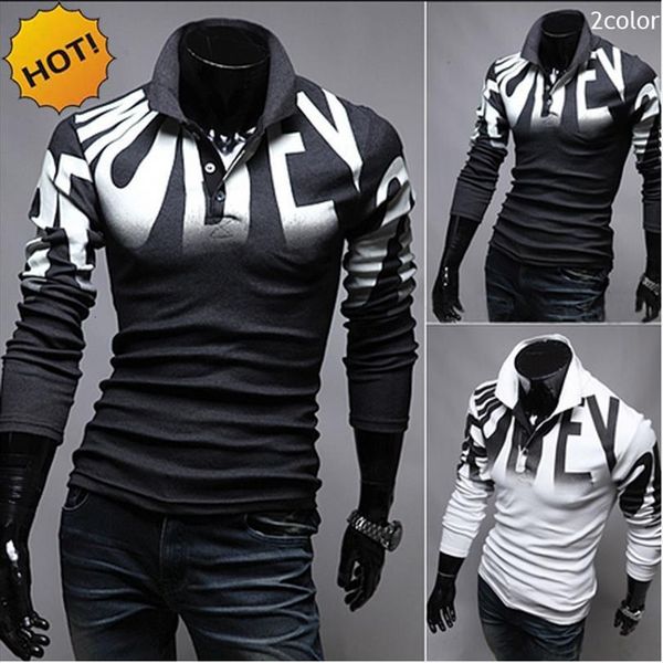 

fashion spring autumn men polos casual gradient letters printing design mens long sleeve gentleman slim polo shirt, White;black