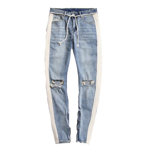 

men's jeans ripped tailoring striped zipper slim-fit denim trousers, Blue