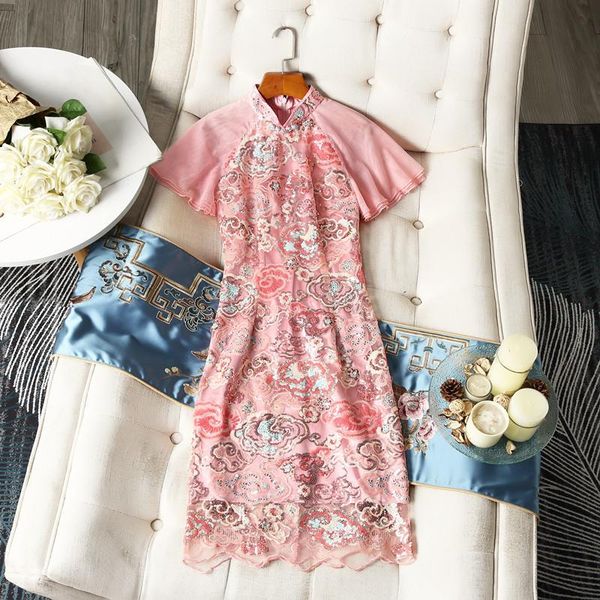 

ethnic clothing 2021 chinese style summer jacquard embroidery sequins slimming retro temperament improved cheongsam lady dress women, Red