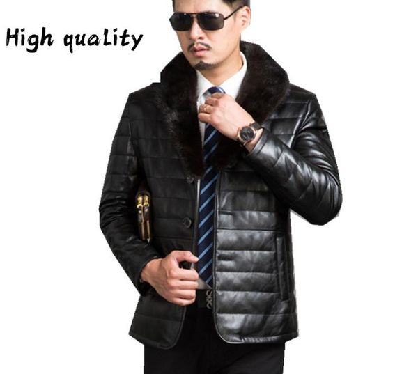

men's leather & faux sheepskin luxury jacket for man down coat collar genuine jackets parka outwear plus size, Black