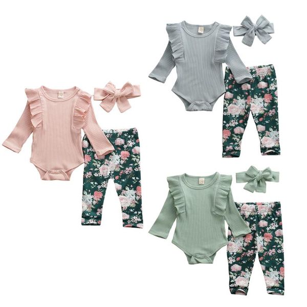

clothing sets pudcoco born baby girl clothes solid color knitted cotton romper flower print long pants headband 3pcs outfits, White
