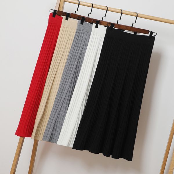 

2021 new vintage elegant winter women sweater elastic high waist pleated midi knitted skirt a-line female solid thick skirts euj4, Black