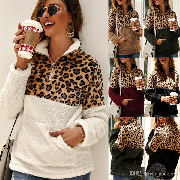 

women leopard patchwork pullover winter long sleeve zipper sherpa sweatshirt soft fleece outwear with pockets hoodie coat clothes, Black
