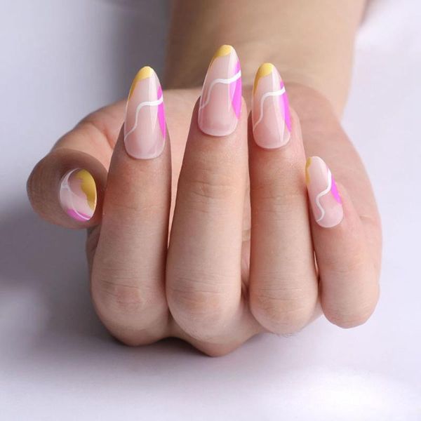 

false nails 24pcs/box gold wave ribbon series detachable stiletto wearable almond fake full cover nail tips press on, Red;gold