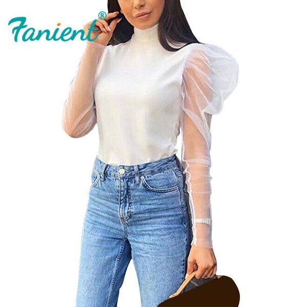 

2021 new summer fashion tunic women blouse shirts long sleeve sheer mesh turtleneck formal women white black shirts