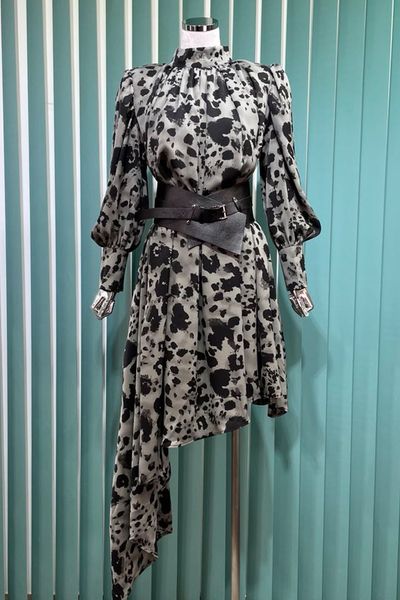 

french-style elegant lady gao leng yujie early autumn long-sleeved dress asymmetric skirt design dress for women with waist seal, Black;gray