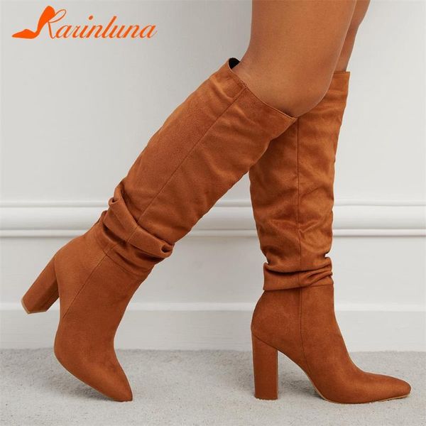 

boots karin arrival fashion female flock thick heels slip-on pleated pointed toe solid knee high women, Black