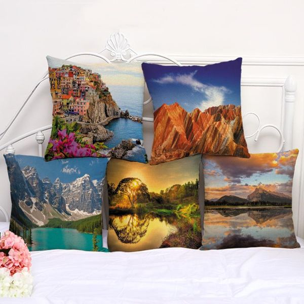 

cushion/decorative pillow scenic lake mountain aurora sun cushion cover cotton linen decorative pillowcase chair seat square 45x45cm f1007