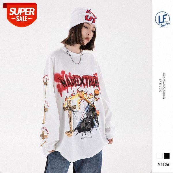 

lawfoo men's cross sleeve print oversize long t-shirt #hh2u, White;black