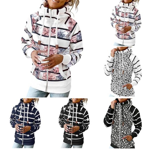 

women's hoodies & sweatshirts women leopard print hooded jacket casual zipper pocket drawstring long sleeve sweatshirt winter female wa, Black