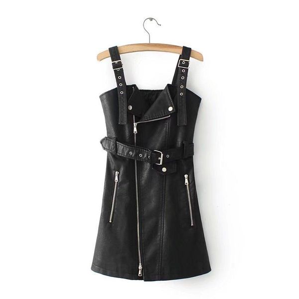 

2021 spring and winter new style fashion style simple solid color slim back pu leather strap dress, Black;gray
