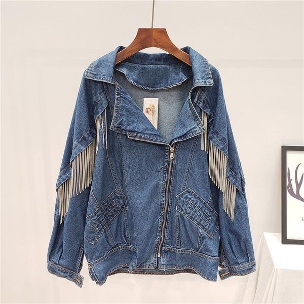 

women's jackets 2021 spring autumn loose big size denim jacket women heavy work chain tassel jeans female leisure jean coat, Black;brown