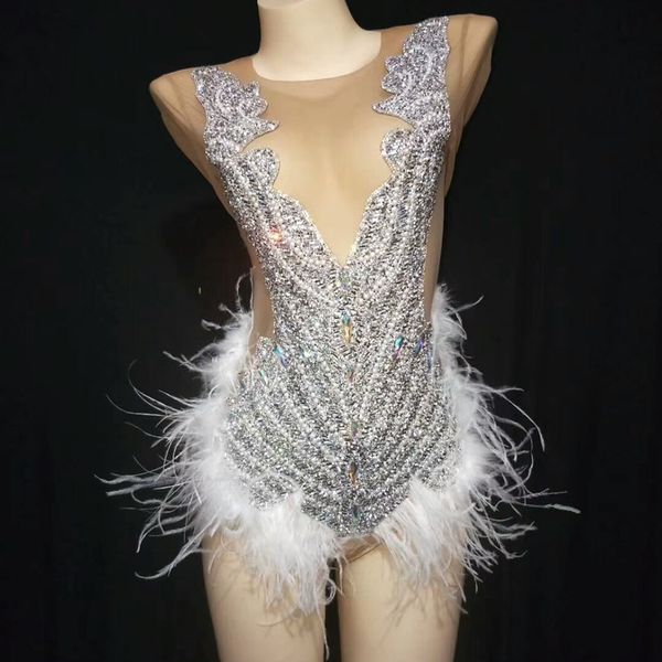 

sparkly rhinestone feather bodysuit transparent dance leotard nightclub party birthday outfit show stage performance wear, Black;red
