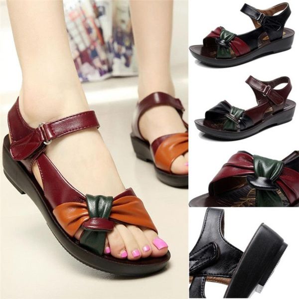 

sandals woman shoes plus size ladies summer fashion leather knot wedges comfortable big shoe casual hook&loop open toe, Black