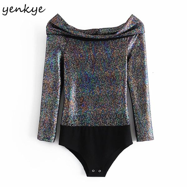 

2021 new off shoulder sequin bodysuit women long sleeve slash neck body femme blouse fashion 69fc, White;black