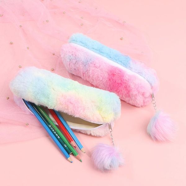 

1pc pencilcase pouch pen bag student supplies stationery gradient color plush pencil case creative novelty