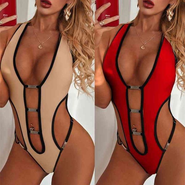 Metallschnalle Badeanzug Sexy Low-Cut Hollow Out Beach Bodysuit Bikini Push Up Brazil Cross Backless Beachwears 210604