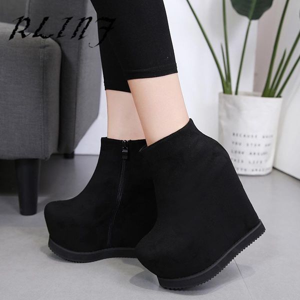 

boots rlinf knight side zipper suede wedge heel high women's short, Black