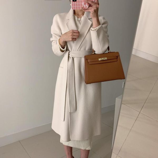 

women's wool & blends abrigos mujer invierno 2021 winter clothes women cashmere long coat woolen outwear female lace-up overcoat mantea, Black