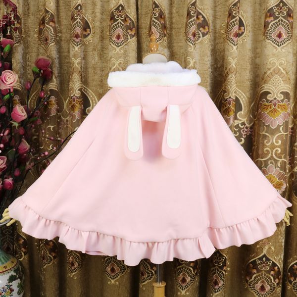 

anime costumes ladies autumn winter tweed gothic shawl cloak hooded cape lolita sweet bunny poncho coat outwear for preppy women 3 c cosplay, Black