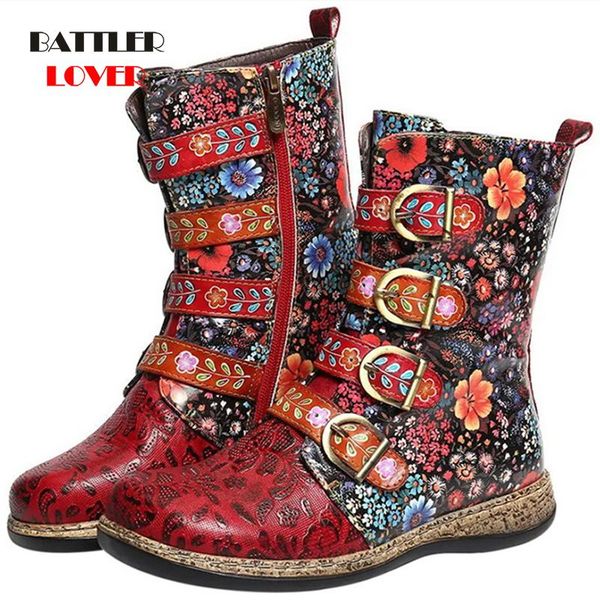 

boots women bohemian retro printed metal buckle genuine leather zipper ankle botas for female flower booties mujer 2021 winter, Black