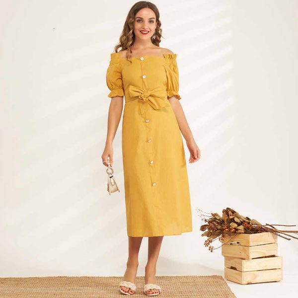 

casual dresses product fashion retro yellow cotton linen solid color exposed clavicle high waist sweet mid-length all-match woman, Black;gray